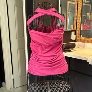 Pinup criss cross rockabilly Pink Halter Ruched Tank Top blouse